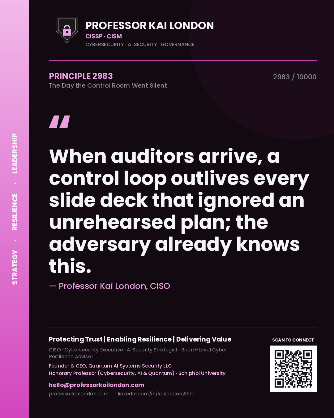 Professor Kai London principle 2983: When auditors arrive, a control loop outlives every slide deck that ignored an unrehearsed plan; the adversary already knows this.