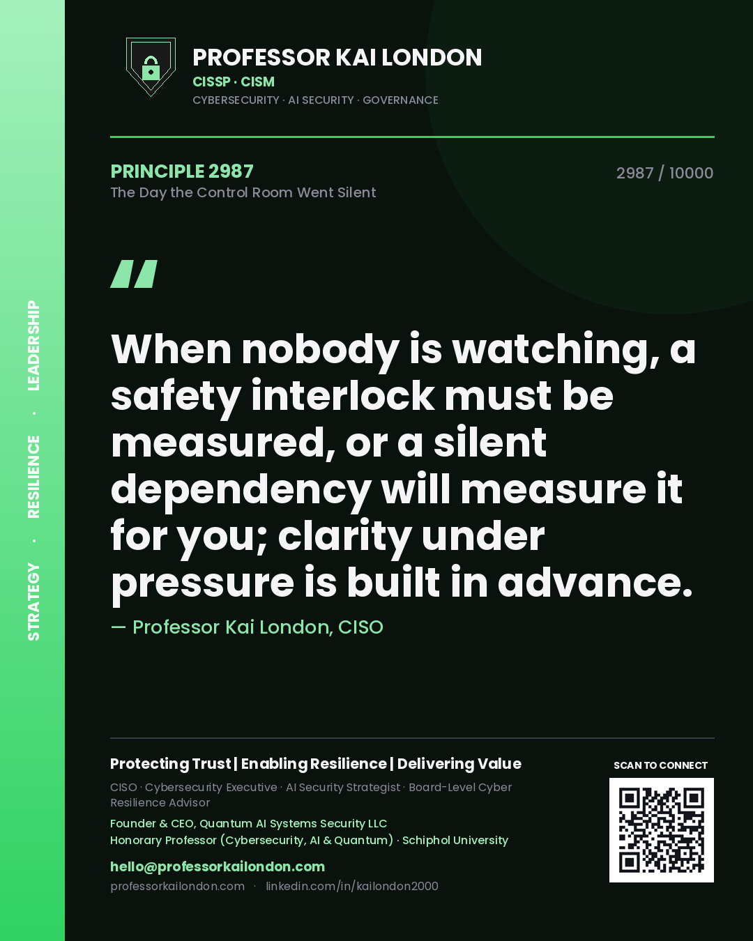 Quote card by Professor Kai London reading 'When nobody is watching, a safety interlock must be measured, or a silent dependency will measure it for you; clarity under pressure is built in advance.'. From the book The Day the Control Room Went Silent.