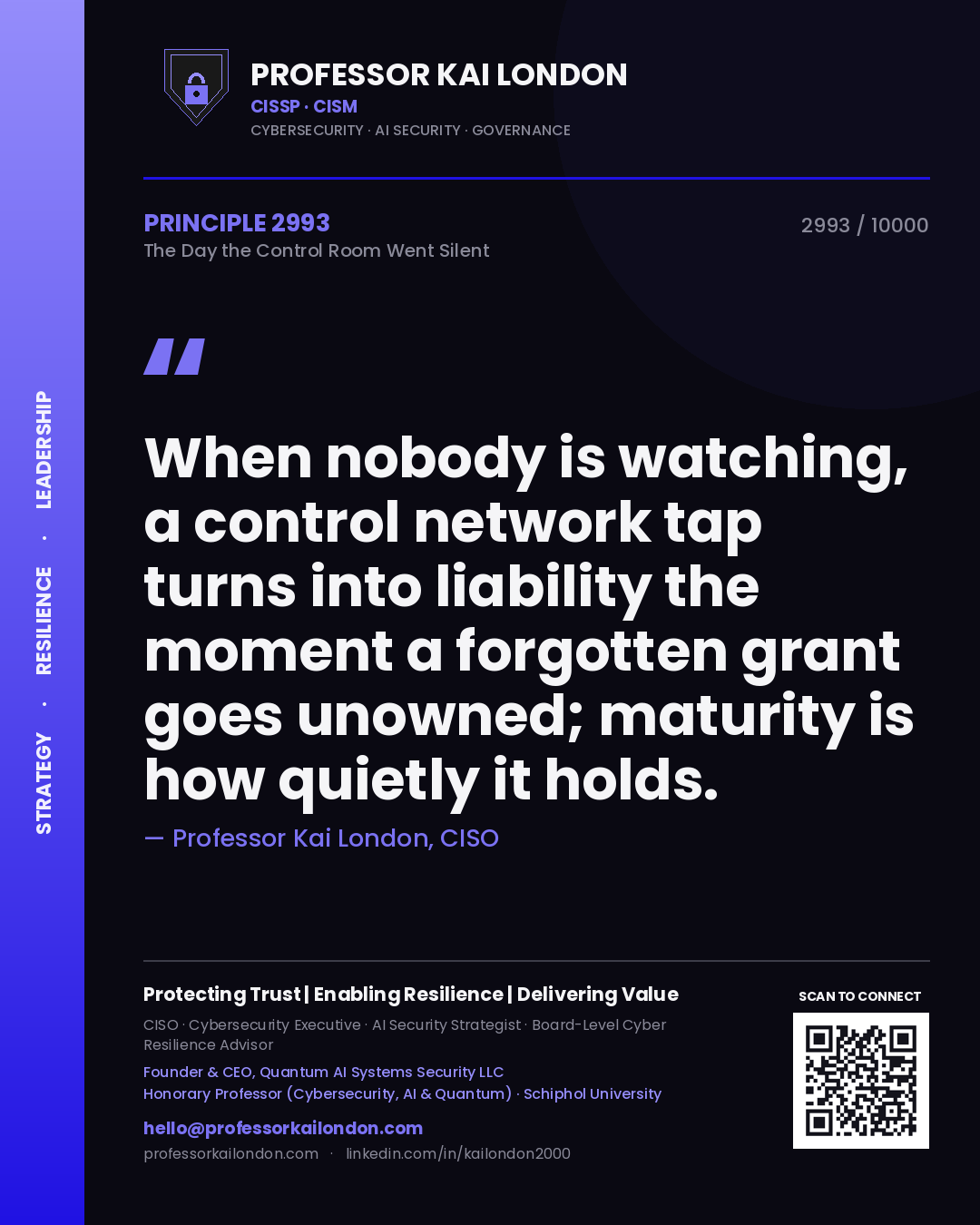 Quote card by Professor Kai London reading 'When nobody is watching, a control network tap turns into liability the moment a forgotten grant goes unowned; maturity is how quietly it holds.'. From the book The Day the Control Room Went Silent.