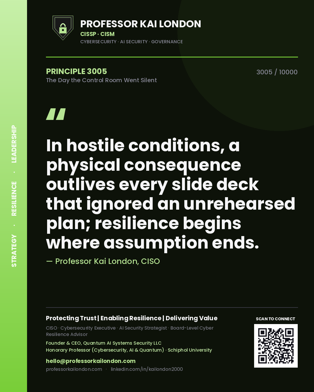 Quote card by Professor Kai London reading 'In hostile conditions, a physical consequence outlives every slide deck that ignored an unrehearsed plan; resilience begins where assumption ends.'. From the book The Day the Control Room Went Silent.