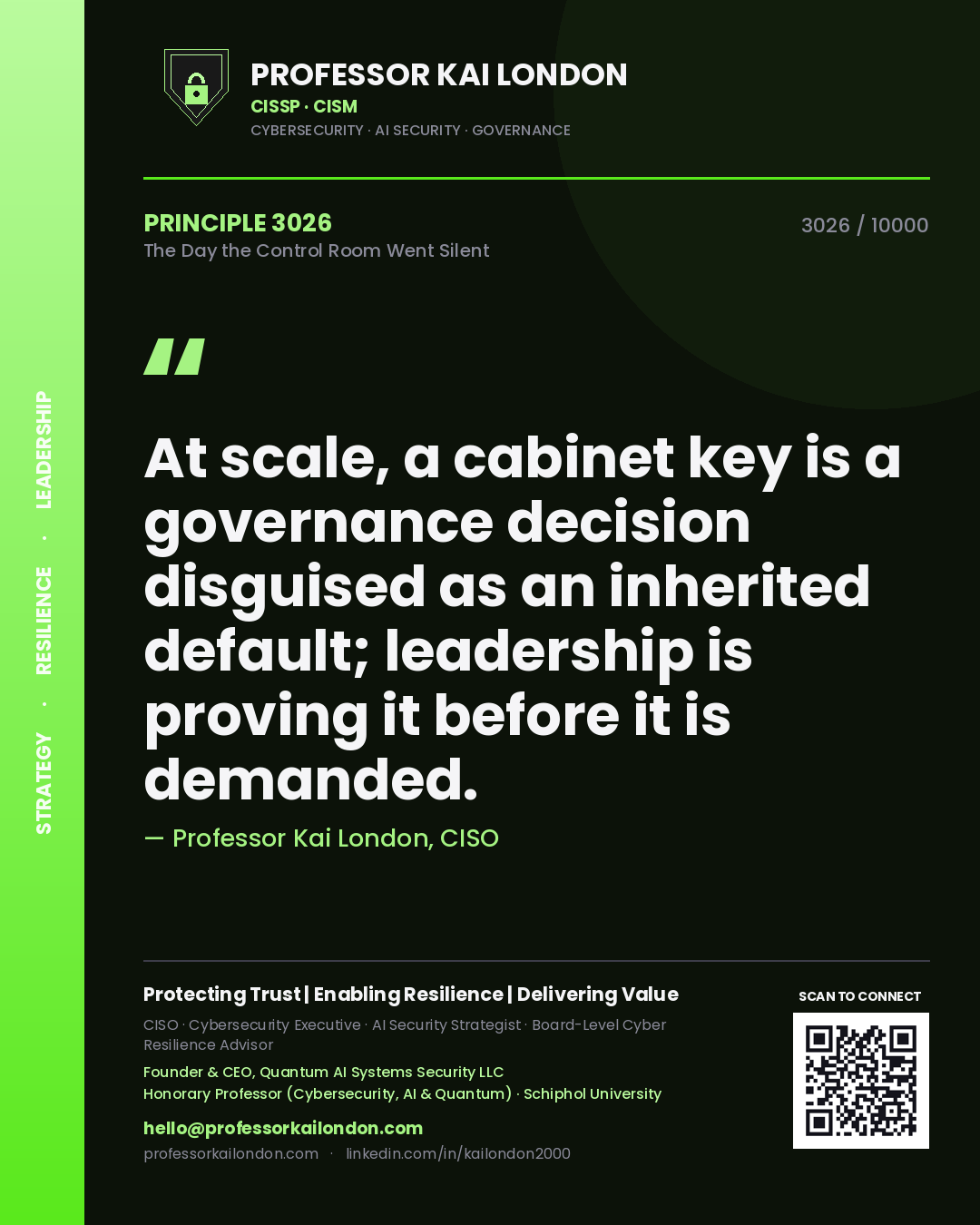 Quote card by Professor Kai London reading 'At scale, a cabinet key is a governance decision disguised as an inherited default; leadership is proving it before it is demanded.'. From the book The Day the Control Room Went Silent.