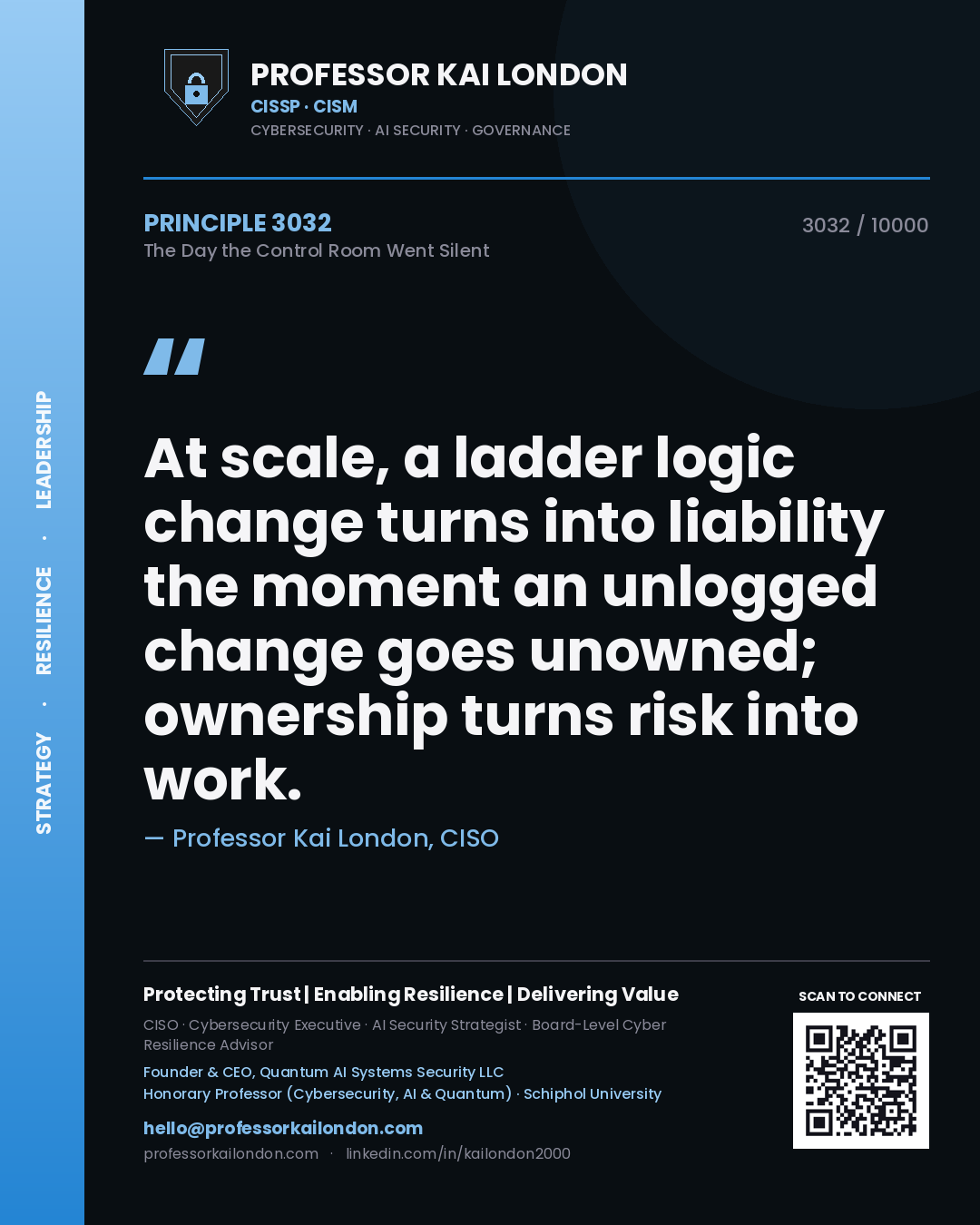 Quote card by Professor Kai London reading 'At scale, a ladder logic change turns into liability the moment an unlogged change goes unowned; ownership turns risk into work.'. From the book The Day the Control Room Went Silent.