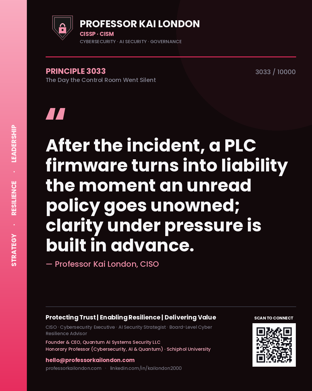Quote card by Professor Kai London reading 'After the incident, a PLC firmware turns into liability the moment an unread policy goes unowned; clarity under pressure is built in advance.'. From the book The Day the Control Room Went Silent.