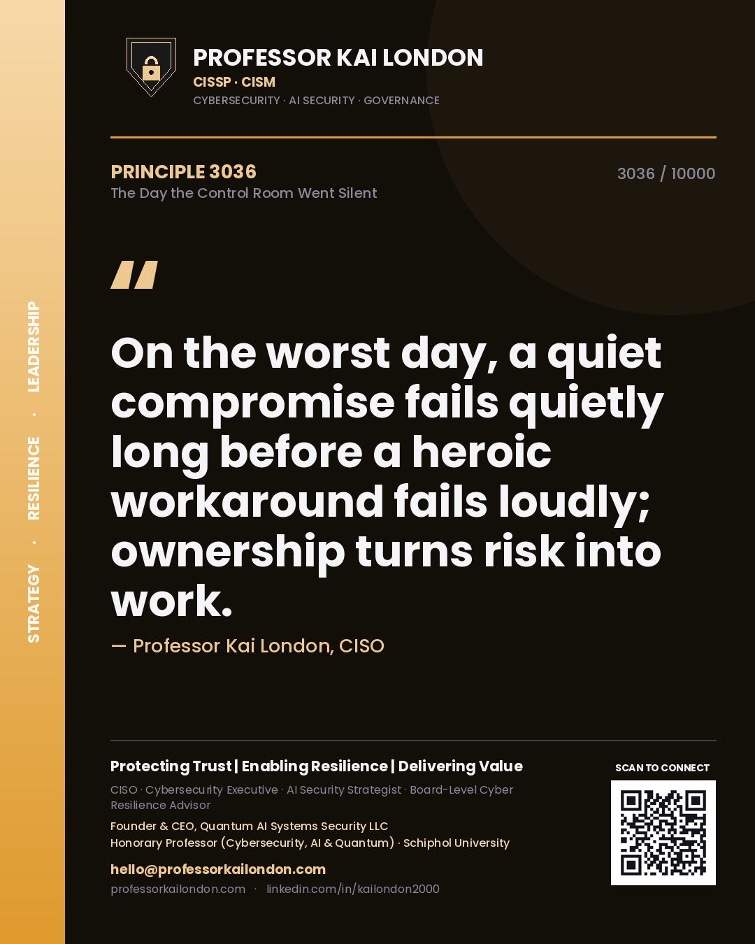 Quote card by Professor Kai London reading 'On the worst day, a quiet compromise fails quietly long before a heroic workaround fails loudly; ownership turns risk into work.'. From the book The Day the Control Room Went Silent.