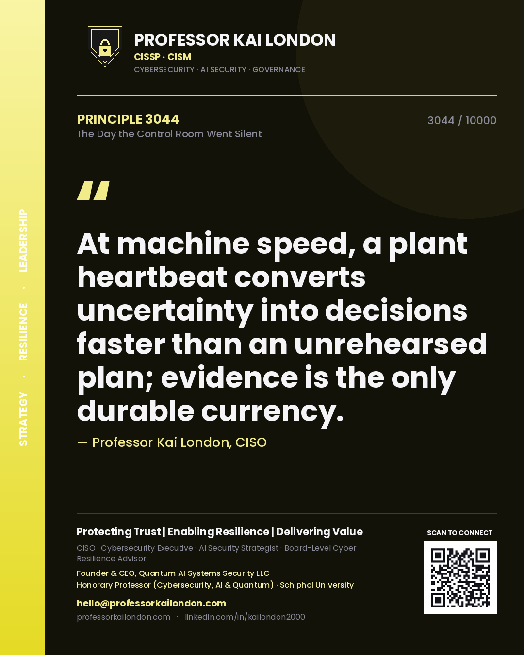 Quote card by Professor Kai London reading 'At machine speed, a plant heartbeat converts uncertainty into decisions faster than an unrehearsed plan; evidence is the only durable currency.'. From the book The Day the Control Room Went Silent.