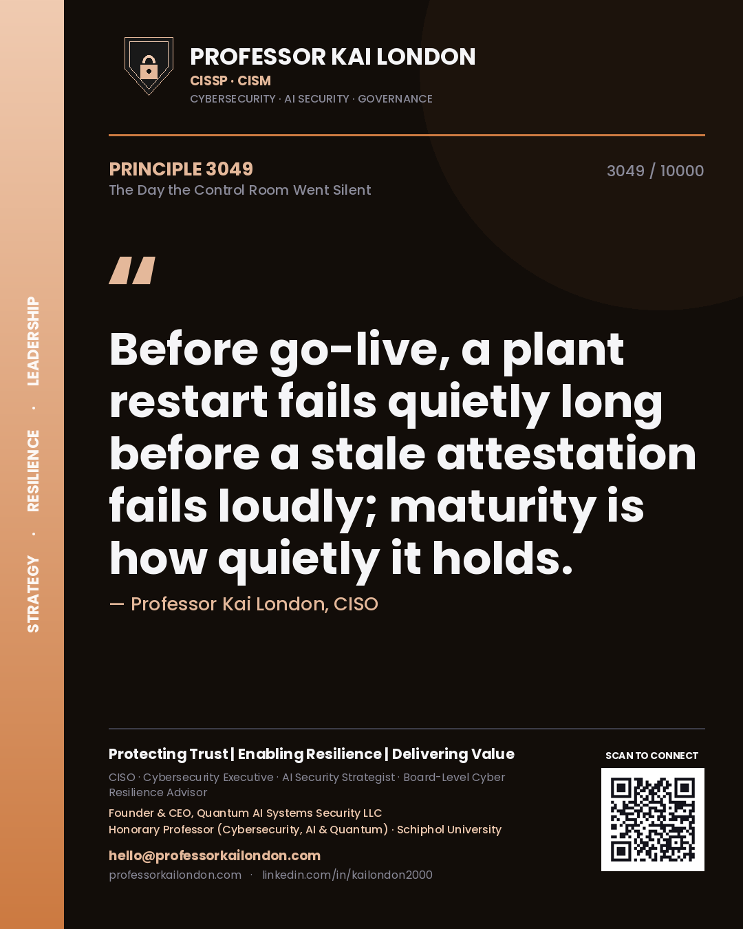 Quote card by Professor Kai London reading 'Before go-live, a plant restart fails quietly long before a stale attestation fails loudly; maturity is how quietly it holds.'. From the book The Day the Control Room Went Silent.
