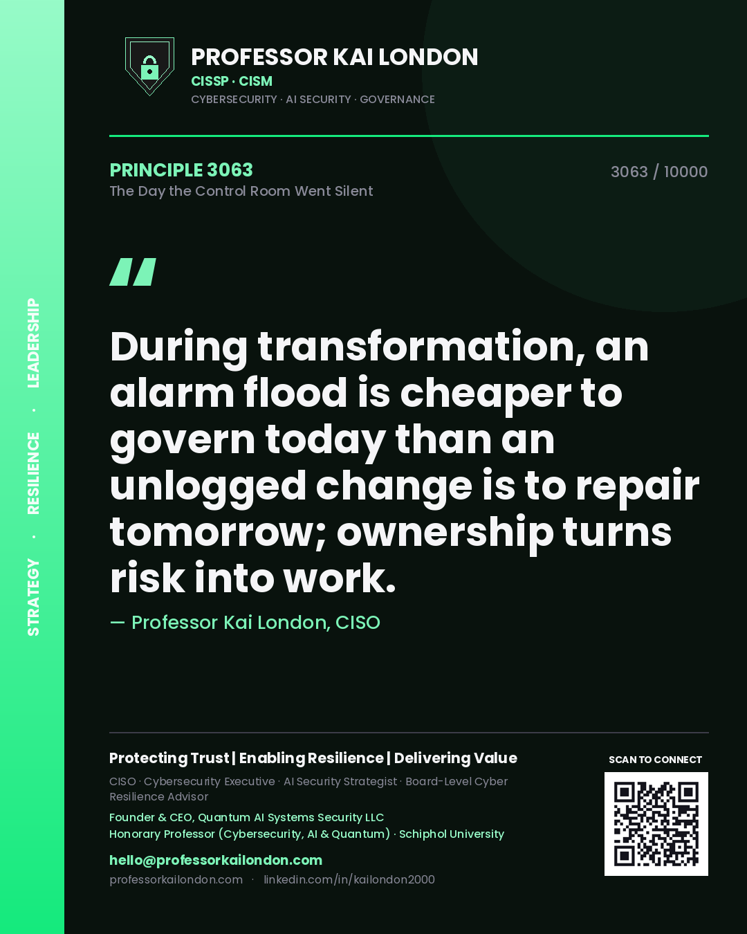 Quote card by Professor Kai London reading 'During transformation, an alarm flood is cheaper to govern today than an unlogged change is to repair tomorrow; ownership turns risk into work.'. From the book The Day the Control Room Went Silent.