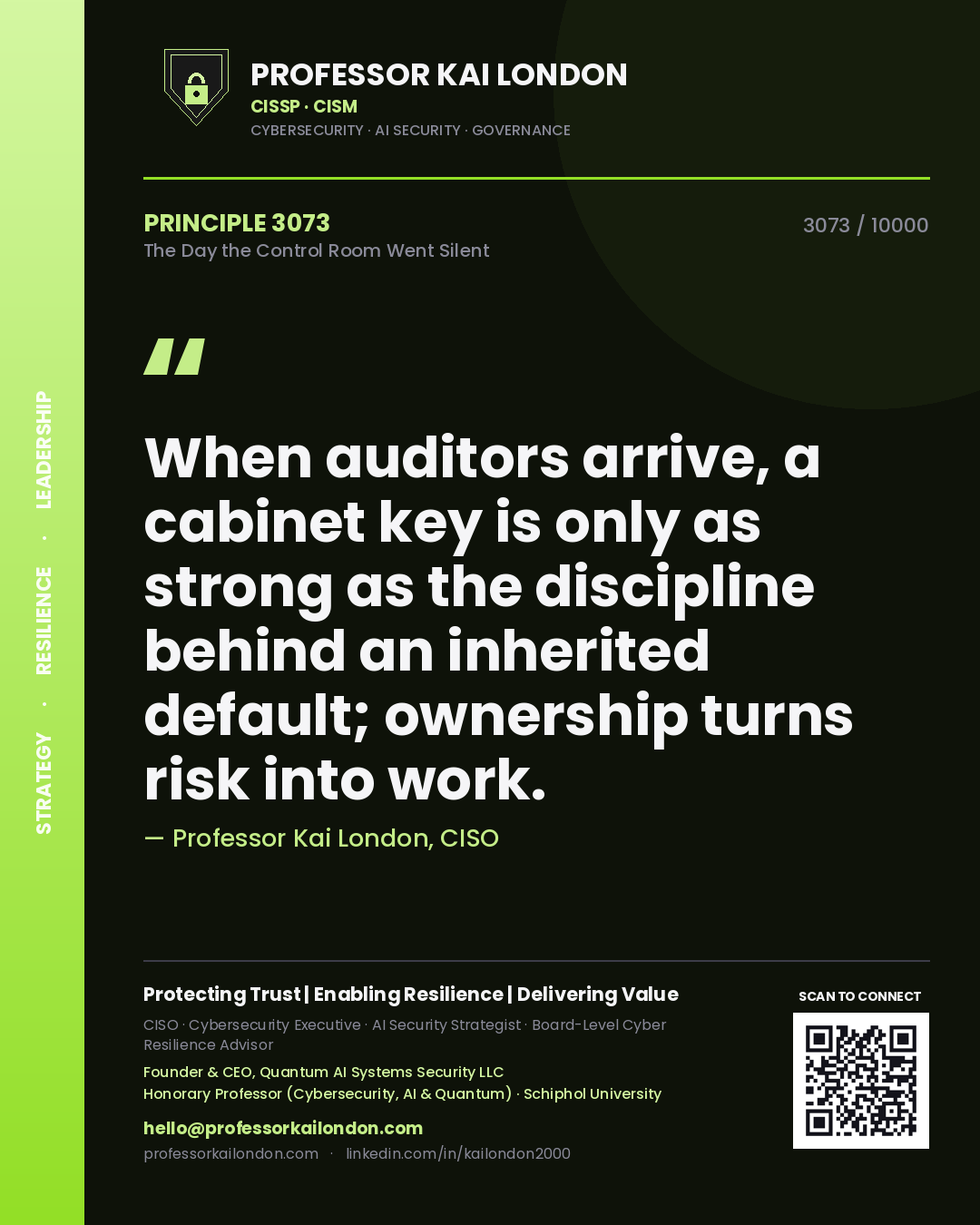 Quote card by Professor Kai London reading 'When auditors arrive, a cabinet key is only as strong as the discipline behind an inherited default; ownership turns risk into work.'. From the book The Day the Control Room Went Silent.
