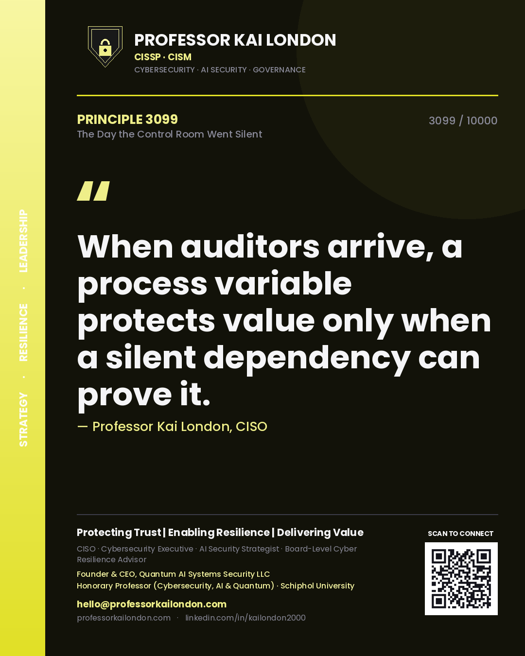 Quote card by Professor Kai London reading 'When auditors arrive, a process variable protects value only when a silent dependency can prove it.'. From the book The Day the Control Room Went Silent.