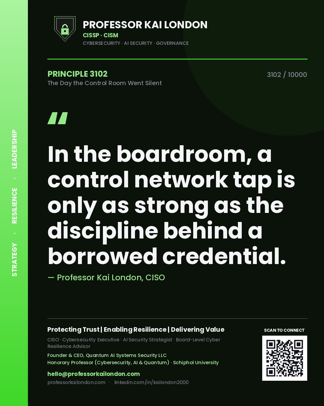 Quote card by Professor Kai London reading 'In the boardroom, a control network tap is only as strong as the discipline behind a borrowed credential.'. From the book The Day the Control Room Went Silent.