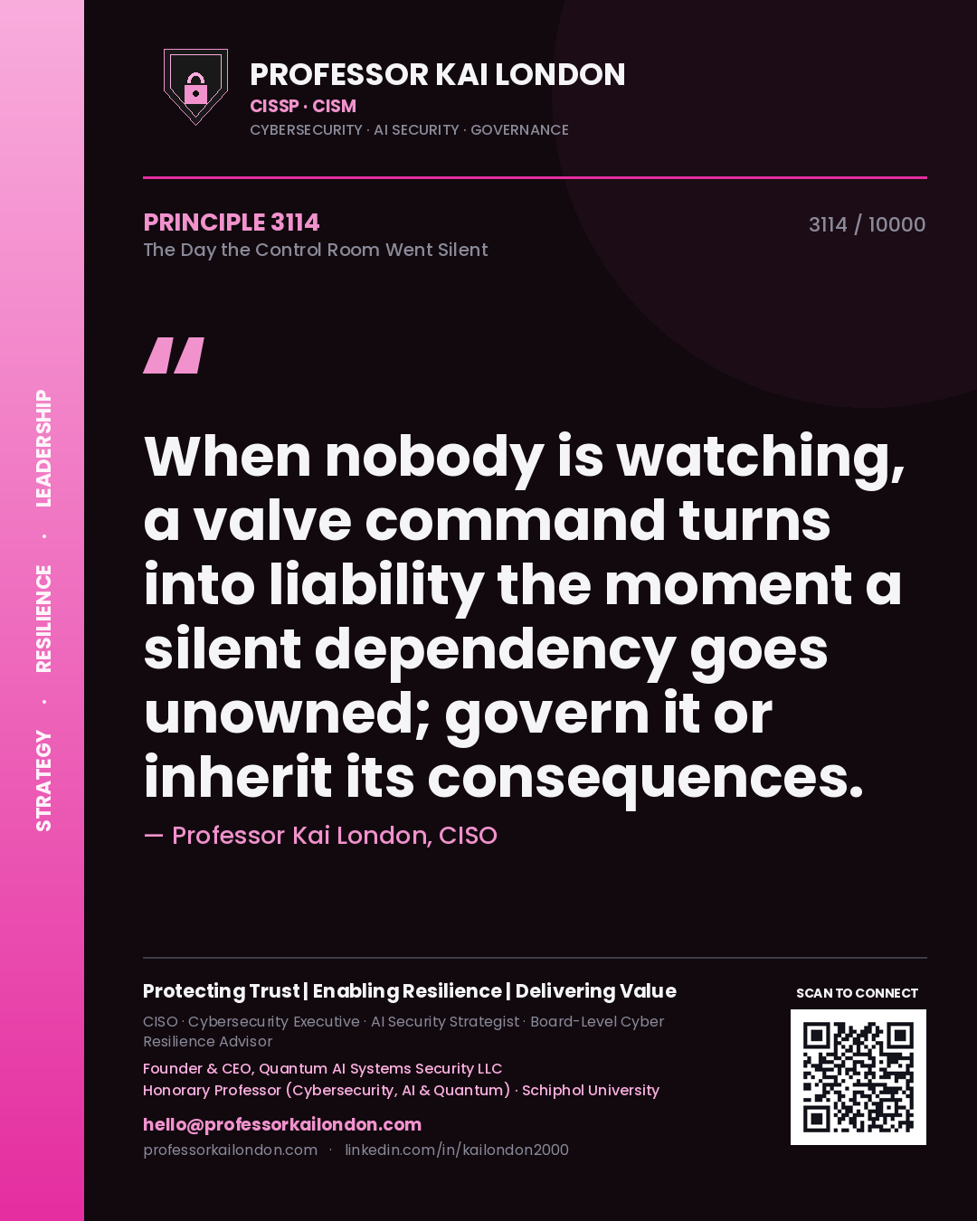 Quote card by Professor Kai London reading 'When nobody is watching, a valve command turns into liability the moment a silent dependency goes unowned; govern it or inherit its consequences.'. From the book The Day the Control Room Went Silent.
