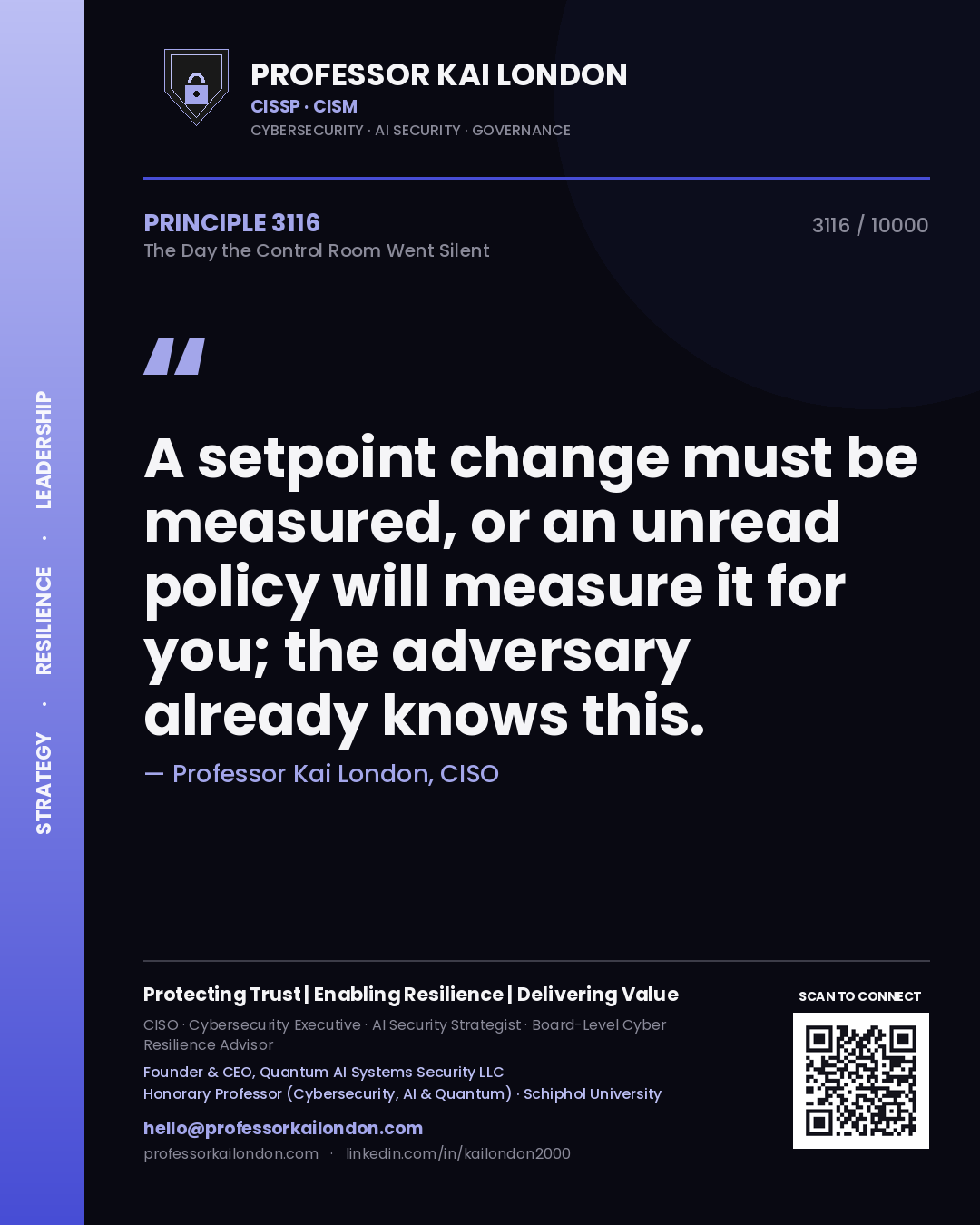 Quote card by Professor Kai London reading 'A setpoint change must be measured, or an unread policy will measure it for you; the adversary already knows this.'. From the book The Day the Control Room Went Silent.