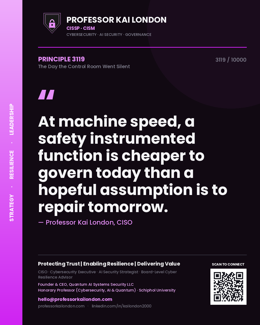 Professor Kai London principle 3119: At machine speed, a safety instrumented function is cheaper to govern today than a hopeful assumption is to repair tomorrow.