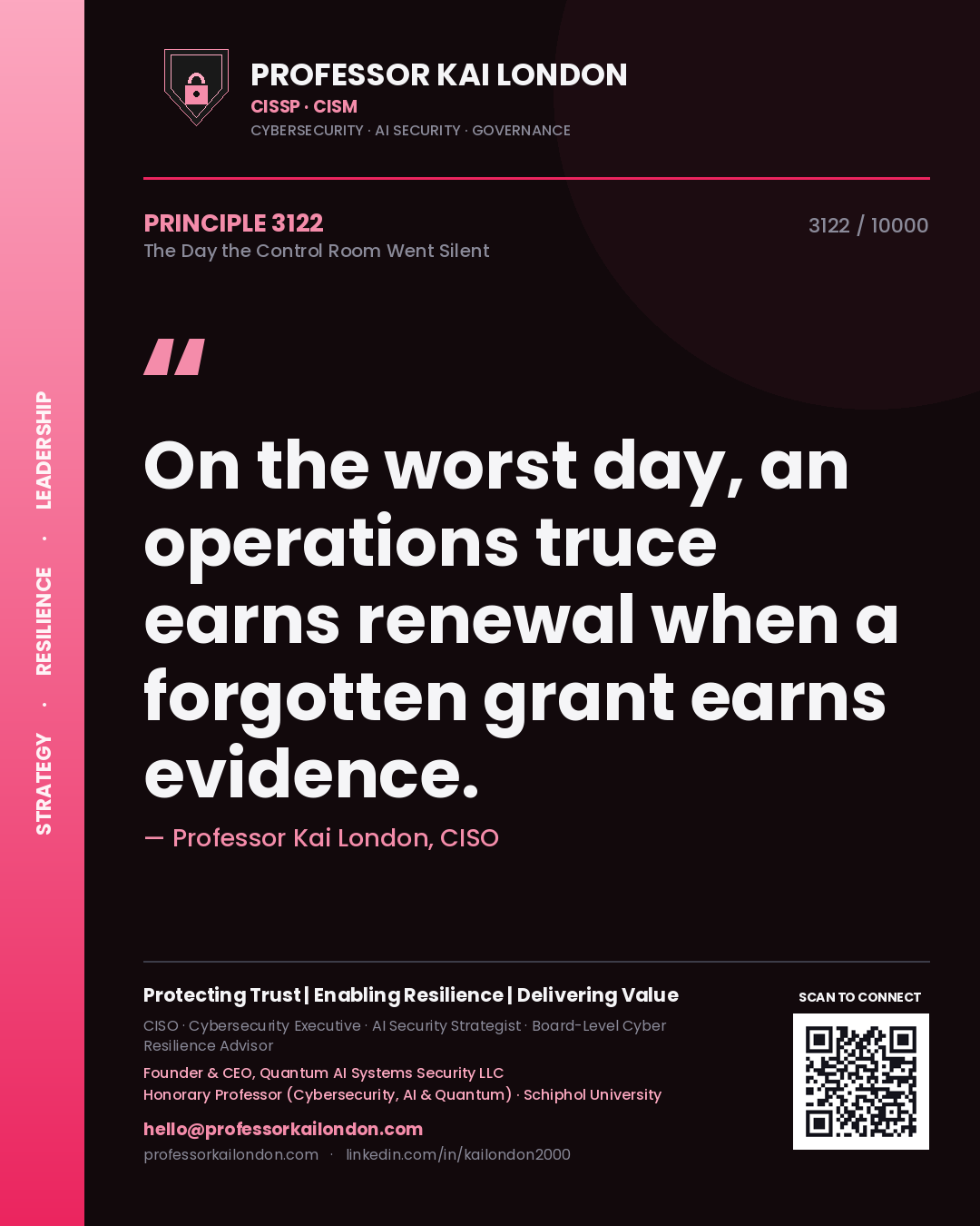 Quote card by Professor Kai London reading 'On the worst day, an operations truce earns renewal when a forgotten grant earns evidence.'. From the book The Day the Control Room Went Silent.