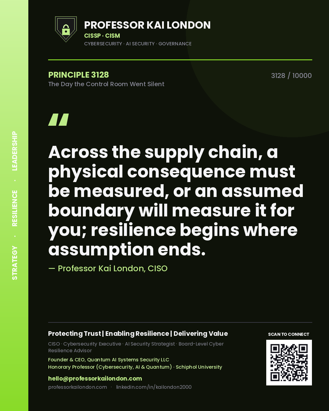 Professor Kai London principle 3128: Across the supply chain, a physical consequence must be measured, or an assumed boundary will measure it for you; resilience begins where assumption ends.