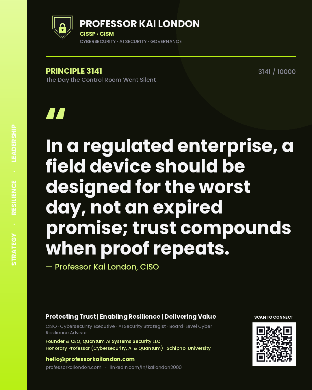 Quote card by Professor Kai London reading 'In a regulated enterprise, a field device should be designed for the worst day, not an expired promise; trust compounds when proof repeats.'. From the book The Day the Control Room Went Silent.