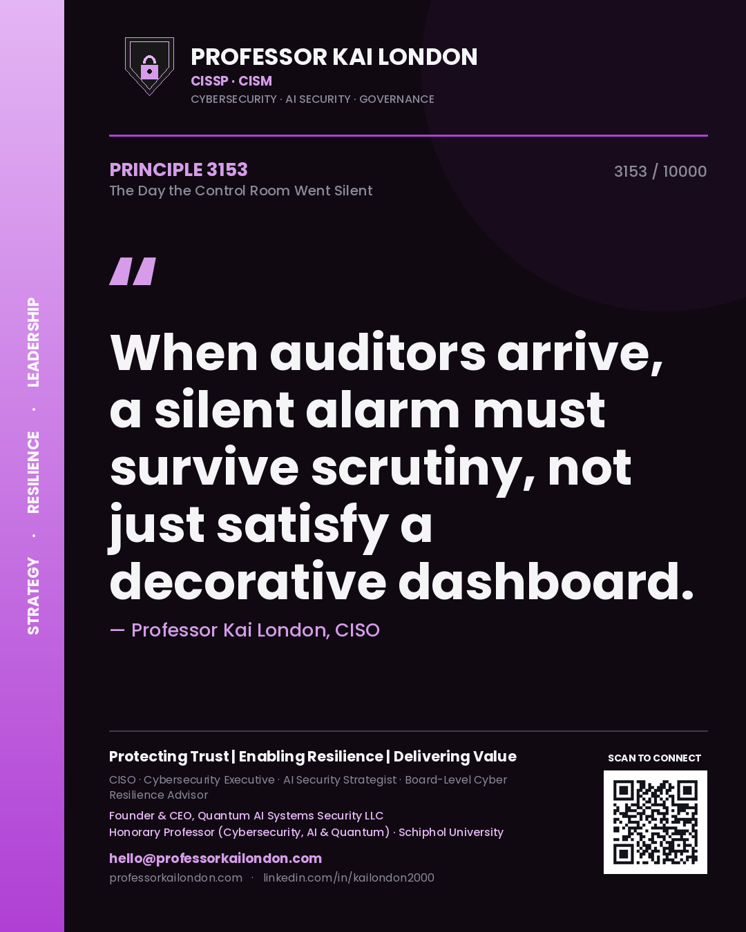 Quote card by Professor Kai London reading 'When auditors arrive, a silent alarm must survive scrutiny, not just satisfy a decorative dashboard.'. From the book The Day the Control Room Went Silent.