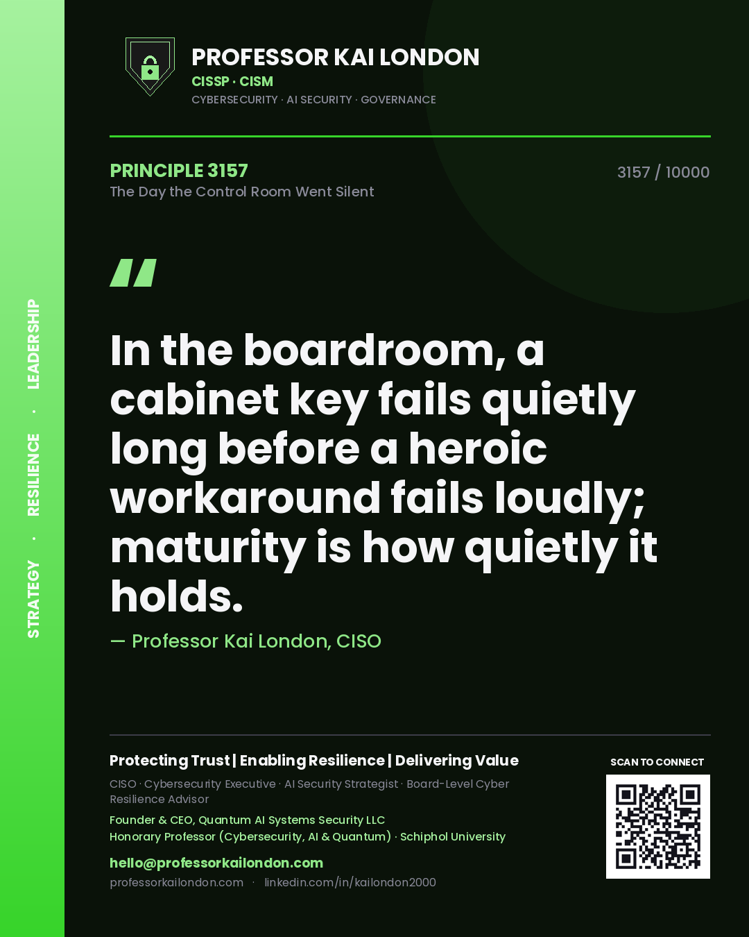 Quote card by Professor Kai London reading 'In the boardroom, a cabinet key fails quietly long before a heroic workaround fails loudly; maturity is how quietly it holds.'. From the book The Day the Control Room Went Silent.