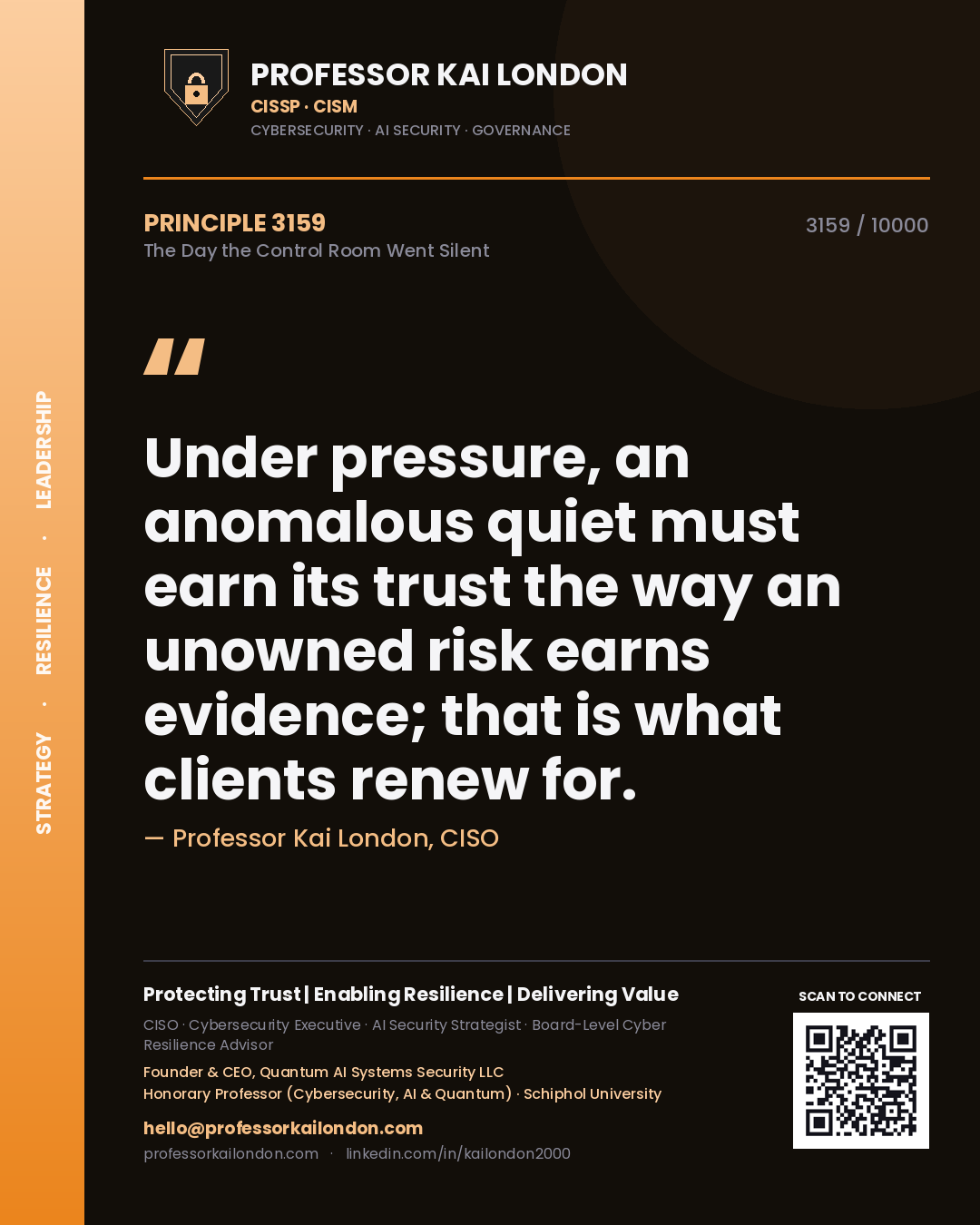 Quote card by Professor Kai London reading 'Under pressure, an anomalous quiet must earn its trust the way an unowned risk earns evidence; that is what clients renew for.'. From the book The Day the Control Room Went Silent.