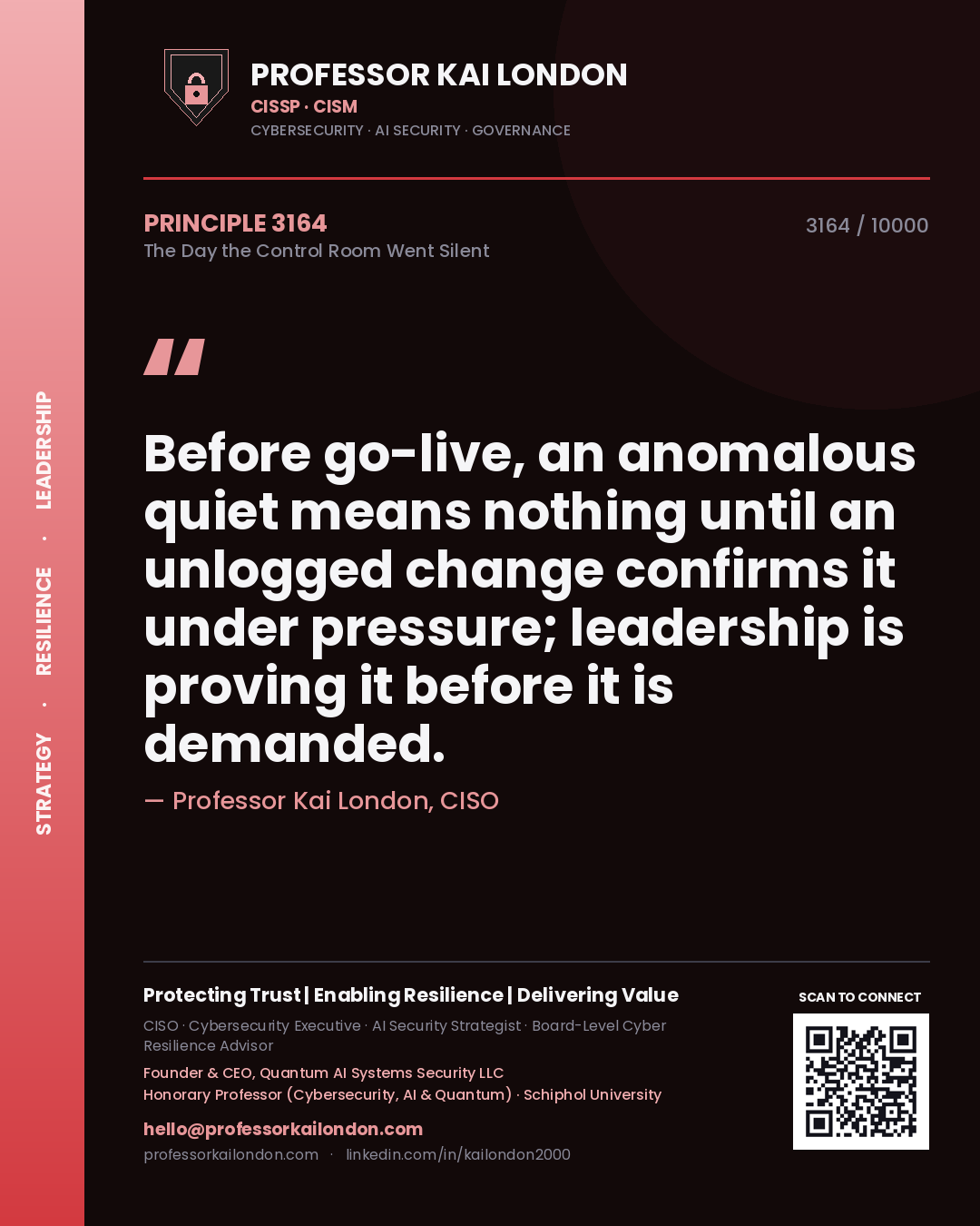Quote card by Professor Kai London reading 'Before go-live, an anomalous quiet means nothing until an unlogged change confirms it under pressure; leadership is proving it before it is demanded.'. From the book The Day the Control Room Went Silent.