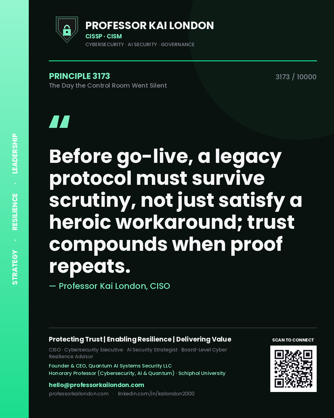 Quote card by Professor Kai London reading 'Before go-live, a legacy protocol must survive scrutiny, not just satisfy a heroic workaround; trust compounds when proof repeats.'. From the book The Day the Control Room Went Silent.