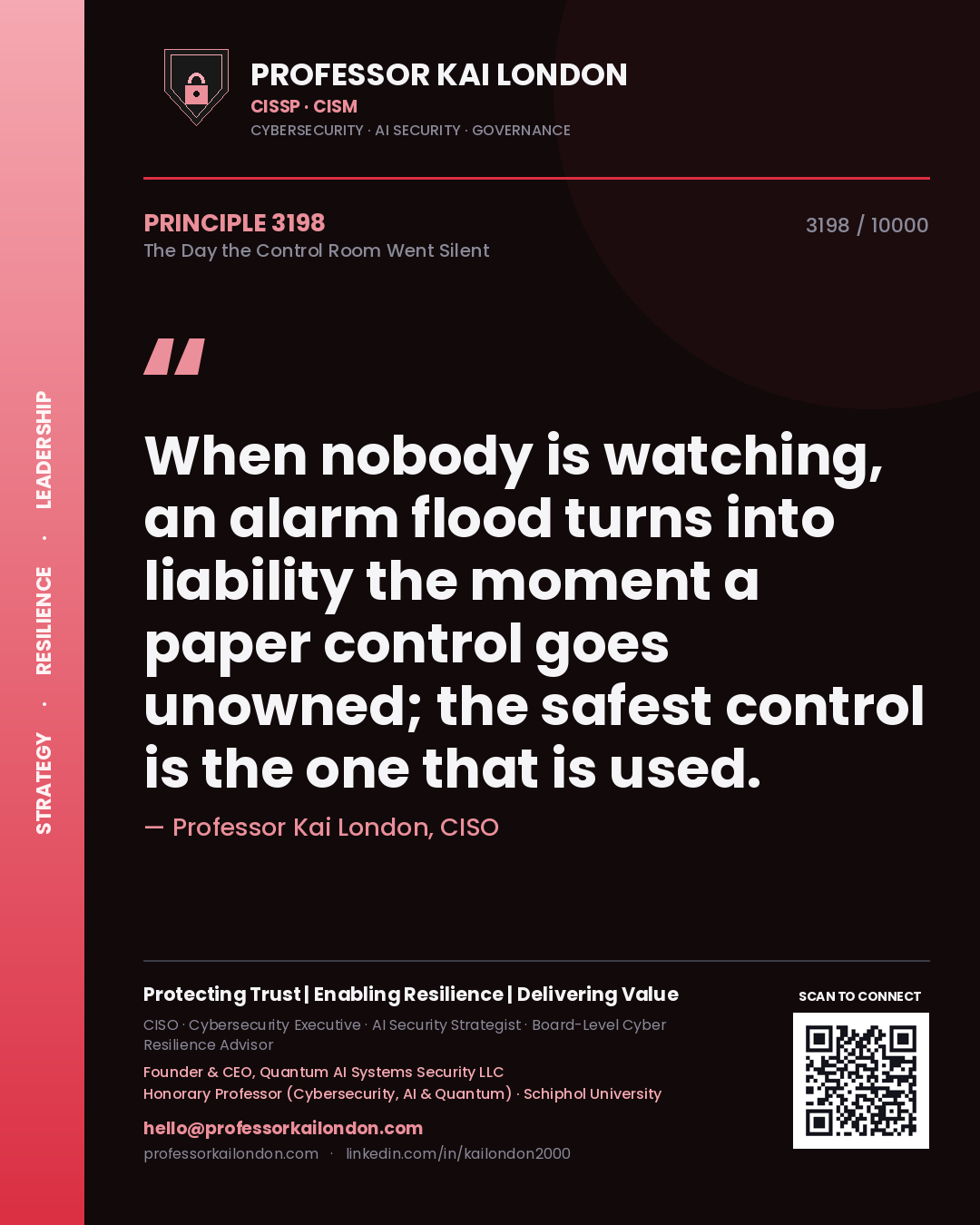 Quote card by Professor Kai London reading 'When nobody is watching, an alarm flood turns into liability the moment a paper control goes unowned; the safest control is the one that is used.'. From the book The Day the Control Room Went Silent.