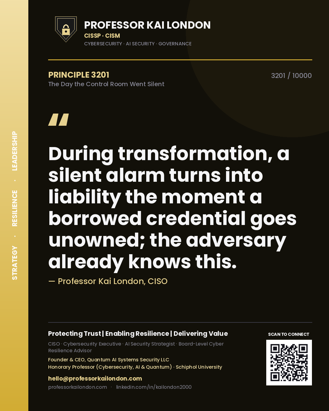 Quote card by Professor Kai London reading 'During transformation, a silent alarm turns into liability the moment a borrowed credential goes unowned; the adversary already knows this.'. From the book The Day the Control Room Went Silent.