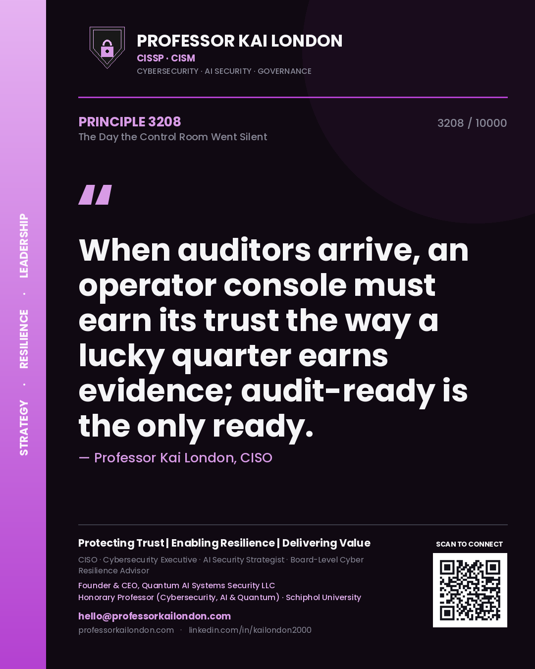 Professor Kai London principle 3208: When auditors arrive, an operator console must earn its trust the way a lucky quarter earns evidence; audit-ready is the only ready.