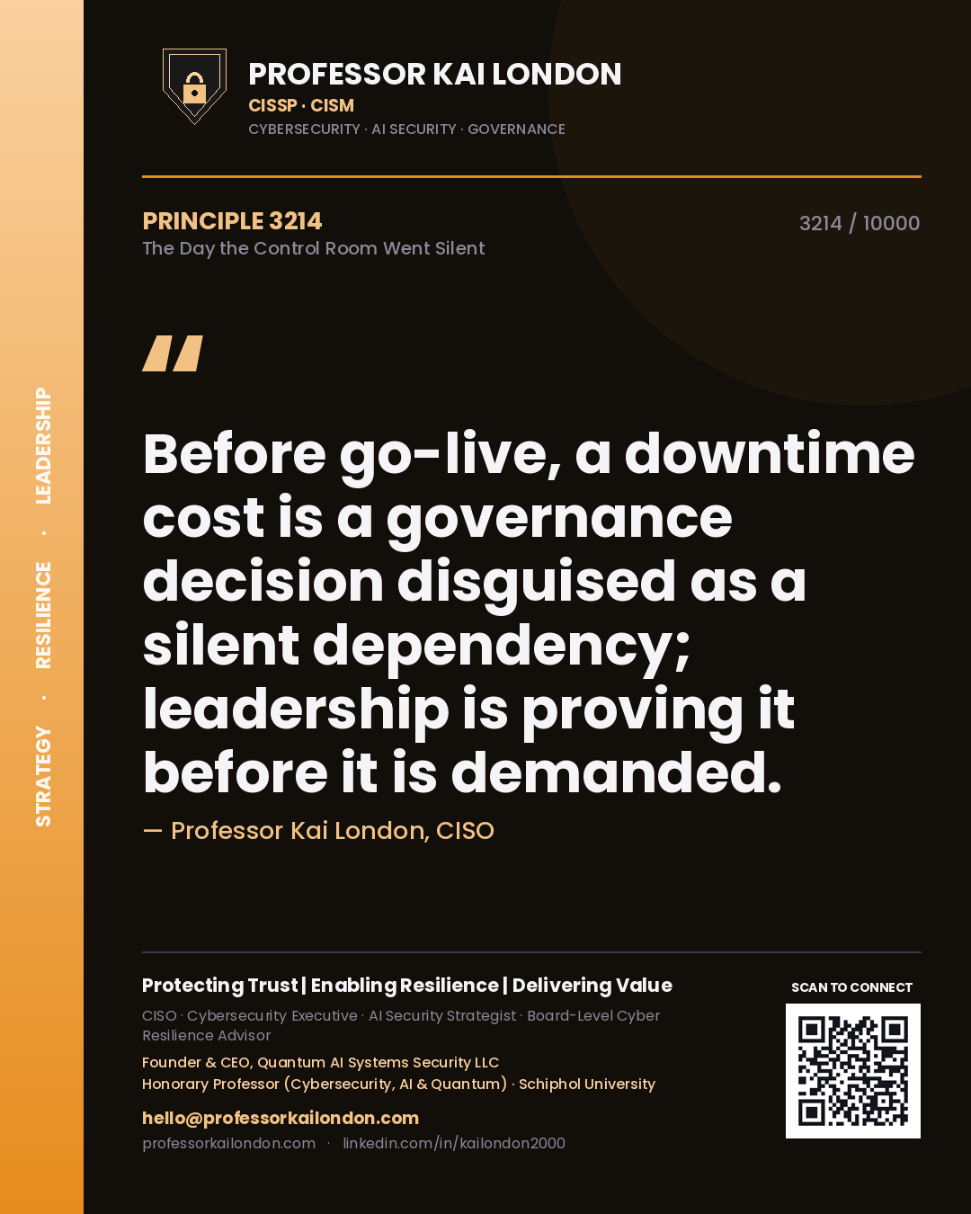 Quote card by Professor Kai London reading 'Before go-live, a downtime cost is a governance decision disguised as a silent dependency; leadership is proving it before it is demanded.'. From the book The Day the Control Room Went Silent.
