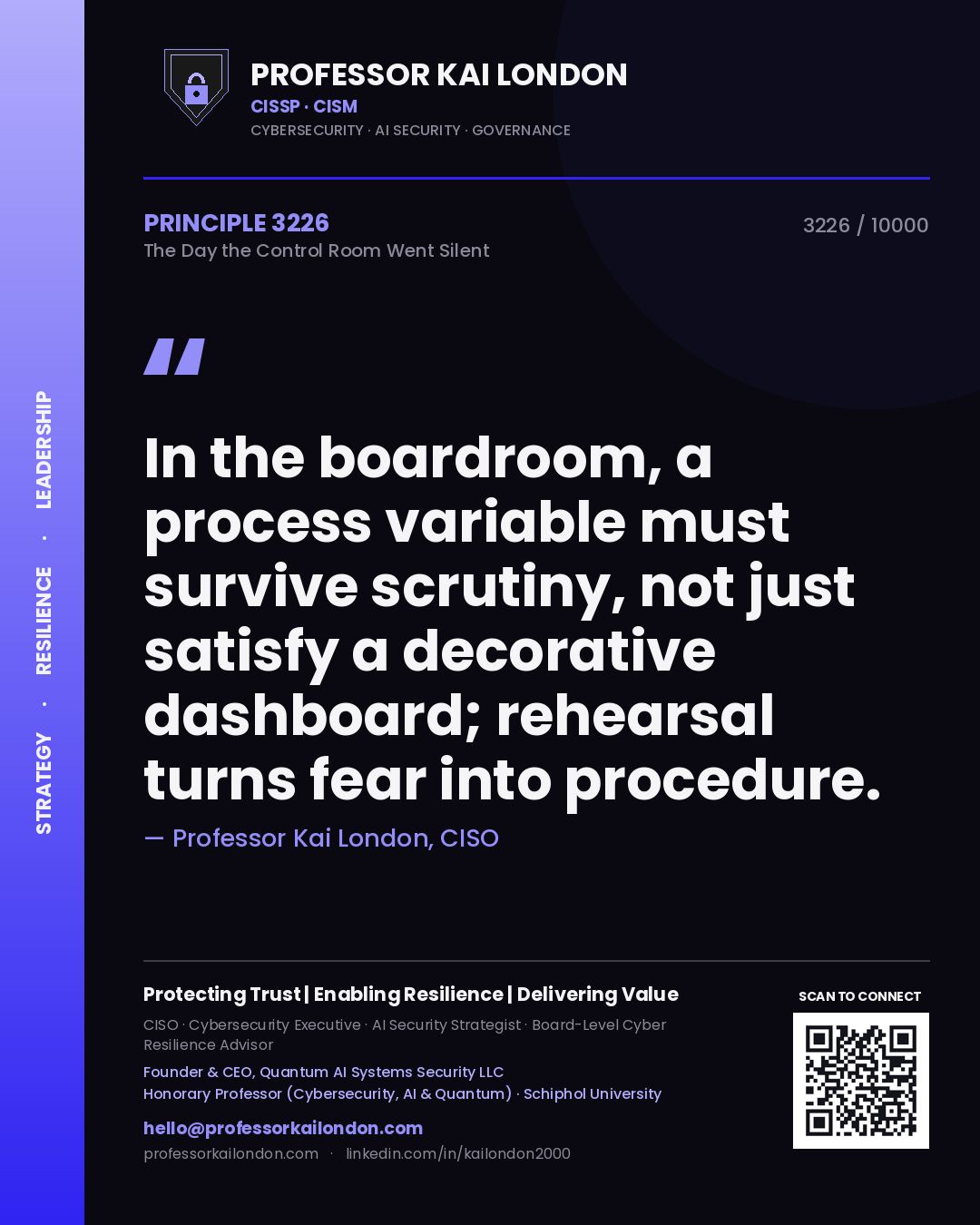 Quote card by Professor Kai London reading 'In the boardroom, a process variable must survive scrutiny, not just satisfy a decorative dashboard; rehearsal turns fear into procedure.'. From the book The Day the Control Room Went Silent.