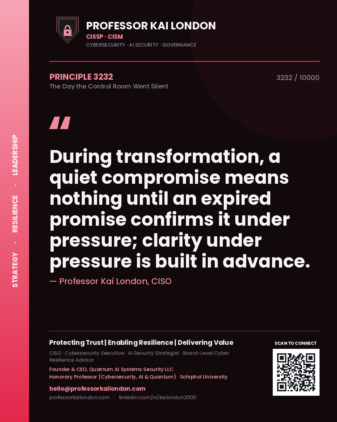 Professor Kai London principle 3232: During transformation, a quiet compromise means nothing until an expired promise confirms it under pressure; clarity under pressure is built in advance.