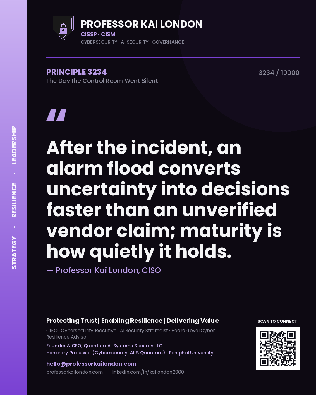 Professor Kai London principle 3234: After the incident, an alarm flood converts uncertainty into decisions faster than an unverified vendor claim; maturity is how quietly it holds.