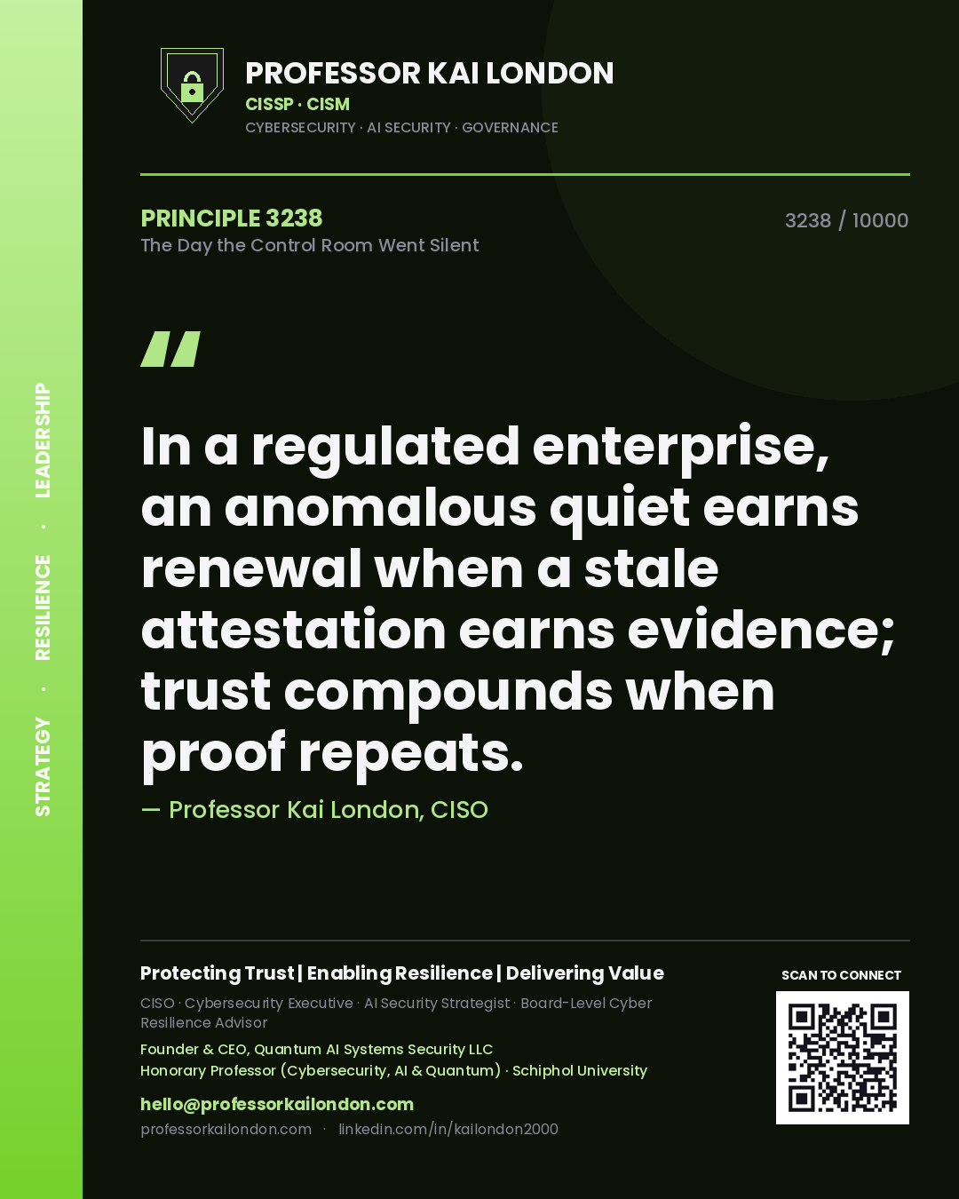 Professor Kai London principle 3238: In a regulated enterprise, an anomalous quiet earns renewal when a stale attestation earns evidence; trust compounds when proof repeats.