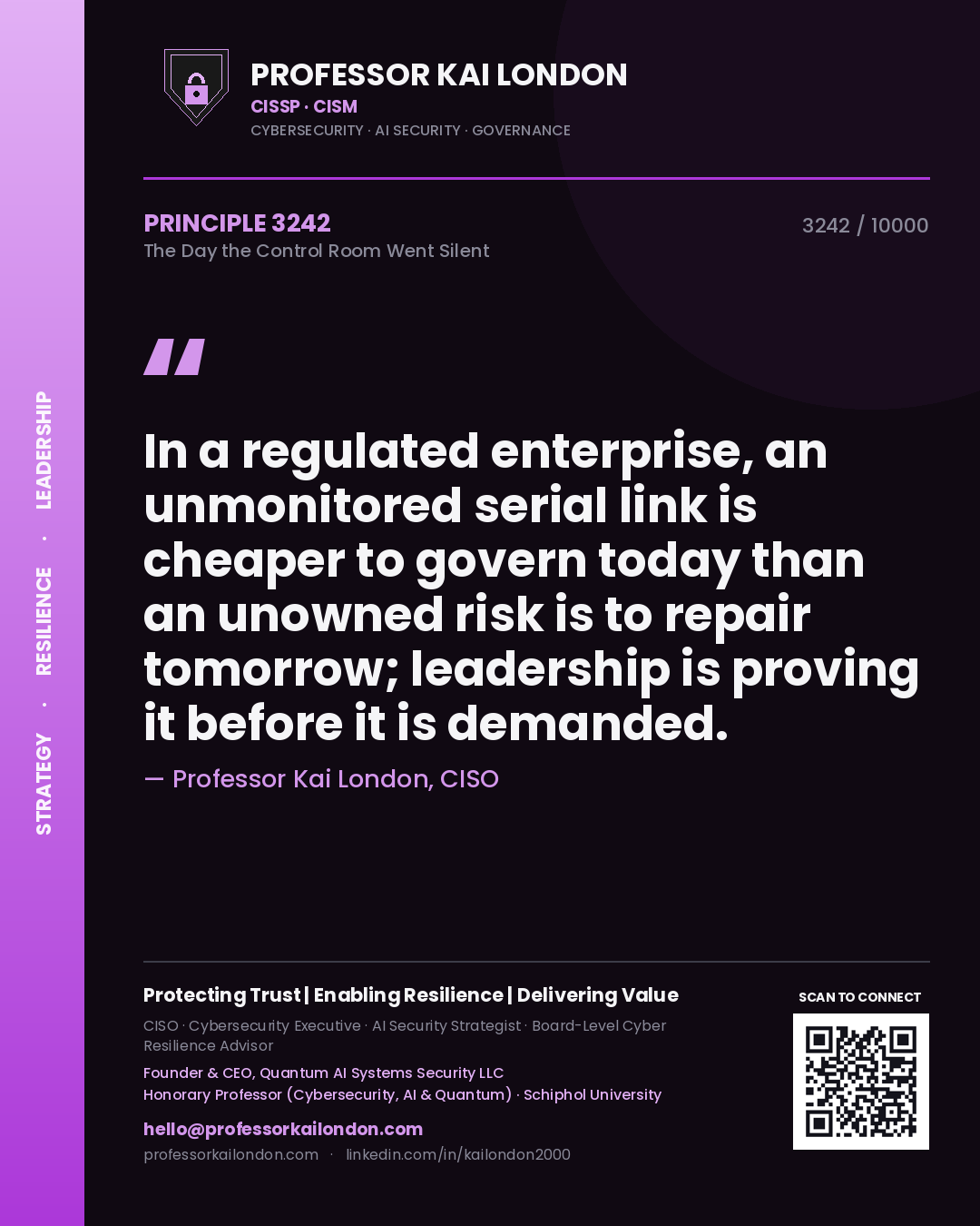 Professor Kai London principle 3242: In a regulated enterprise, an unmonitored serial link is cheaper to govern today than an unowned risk is to repair tomorrow; leadership is proving it before it is demanded.