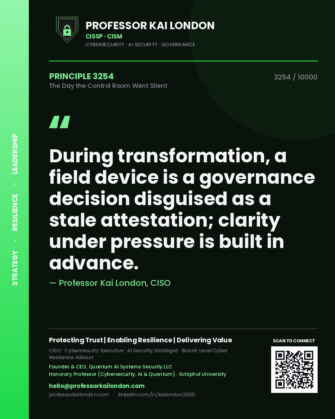 Professor Kai London principle 3254: During transformation, a field device is a governance decision disguised as a stale attestation; clarity under pressure is built in advance.