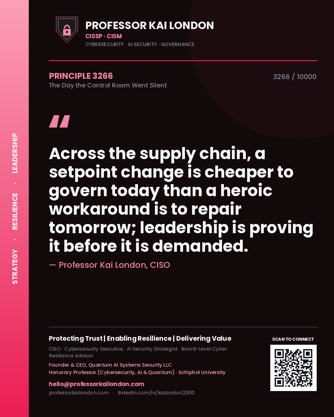 Quote card by Professor Kai London reading 'Across the supply chain, a setpoint change is cheaper to govern today than a heroic workaround is to repair tomorrow; leadership is proving it before it is demanded.'. From the book The Day the Control Room Went Silent.