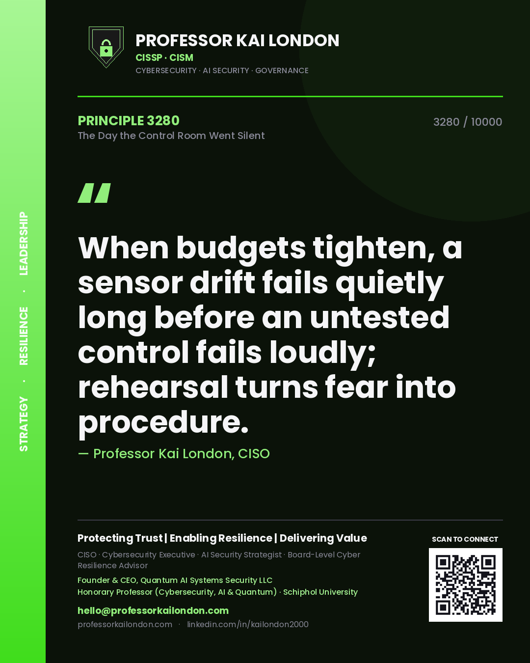 Professor Kai London principle 3280: When budgets tighten, a sensor drift fails quietly long before an untested control fails loudly; rehearsal turns fear into procedure.