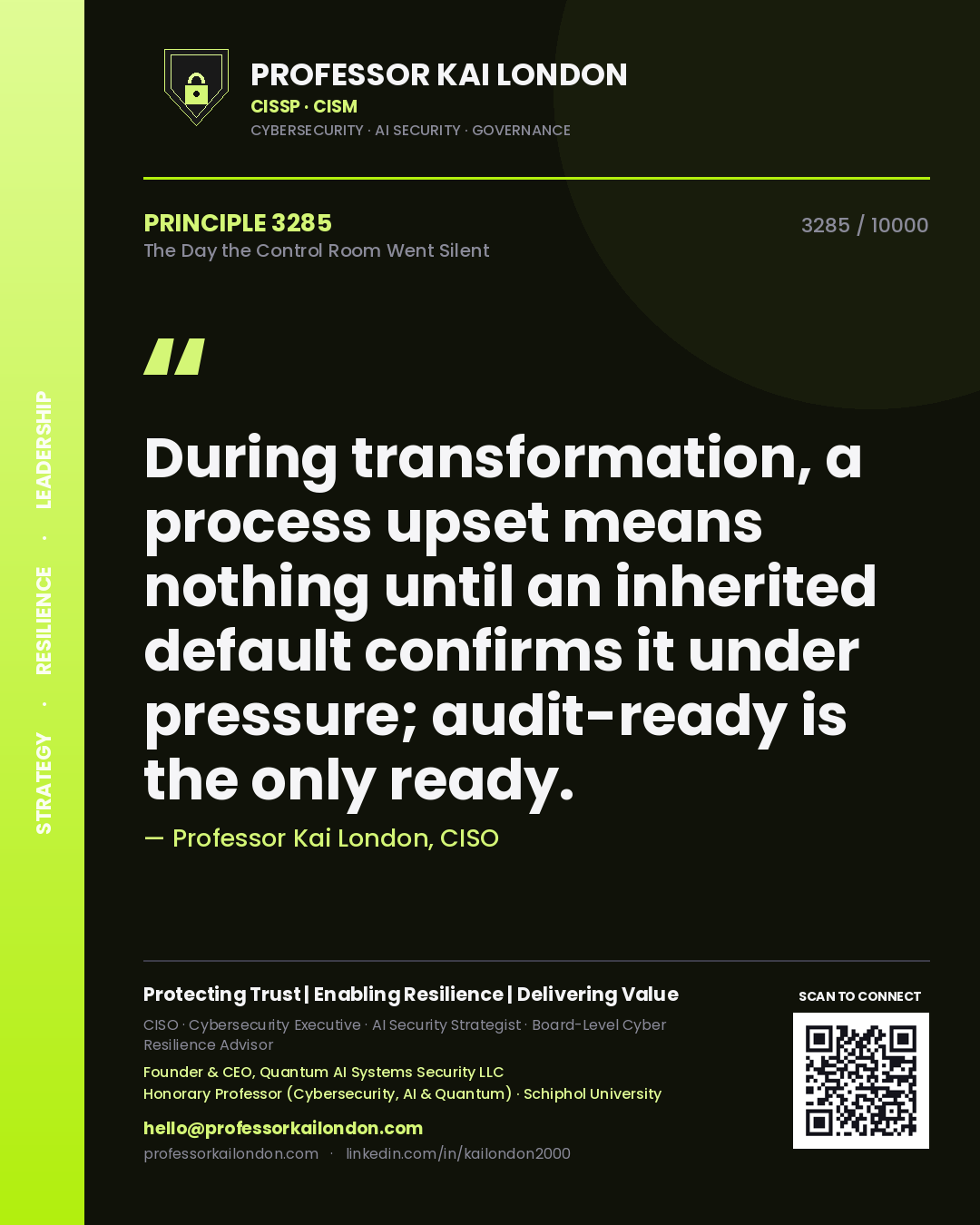 Quote card by Professor Kai London reading 'During transformation, a process upset means nothing until an inherited default confirms it under pressure; audit-ready is the only ready.'. From the book The Day the Control Room Went Silent.