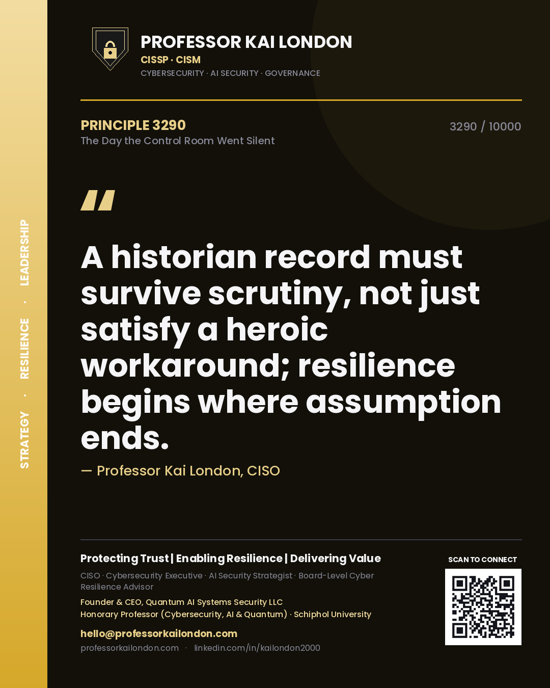 Professor Kai London principle 3290: A historian record must survive scrutiny, not just satisfy a heroic workaround; resilience begins where assumption ends.