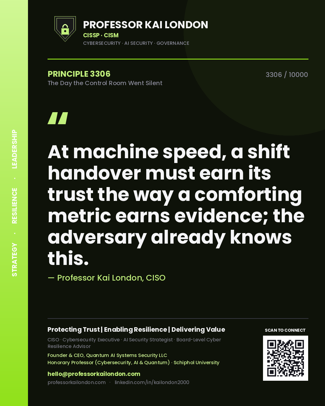 Quote card by Professor Kai London reading 'At machine speed, a shift handover must earn its trust the way a comforting metric earns evidence; the adversary already knows this.'. From the book The Day the Control Room Went Silent.