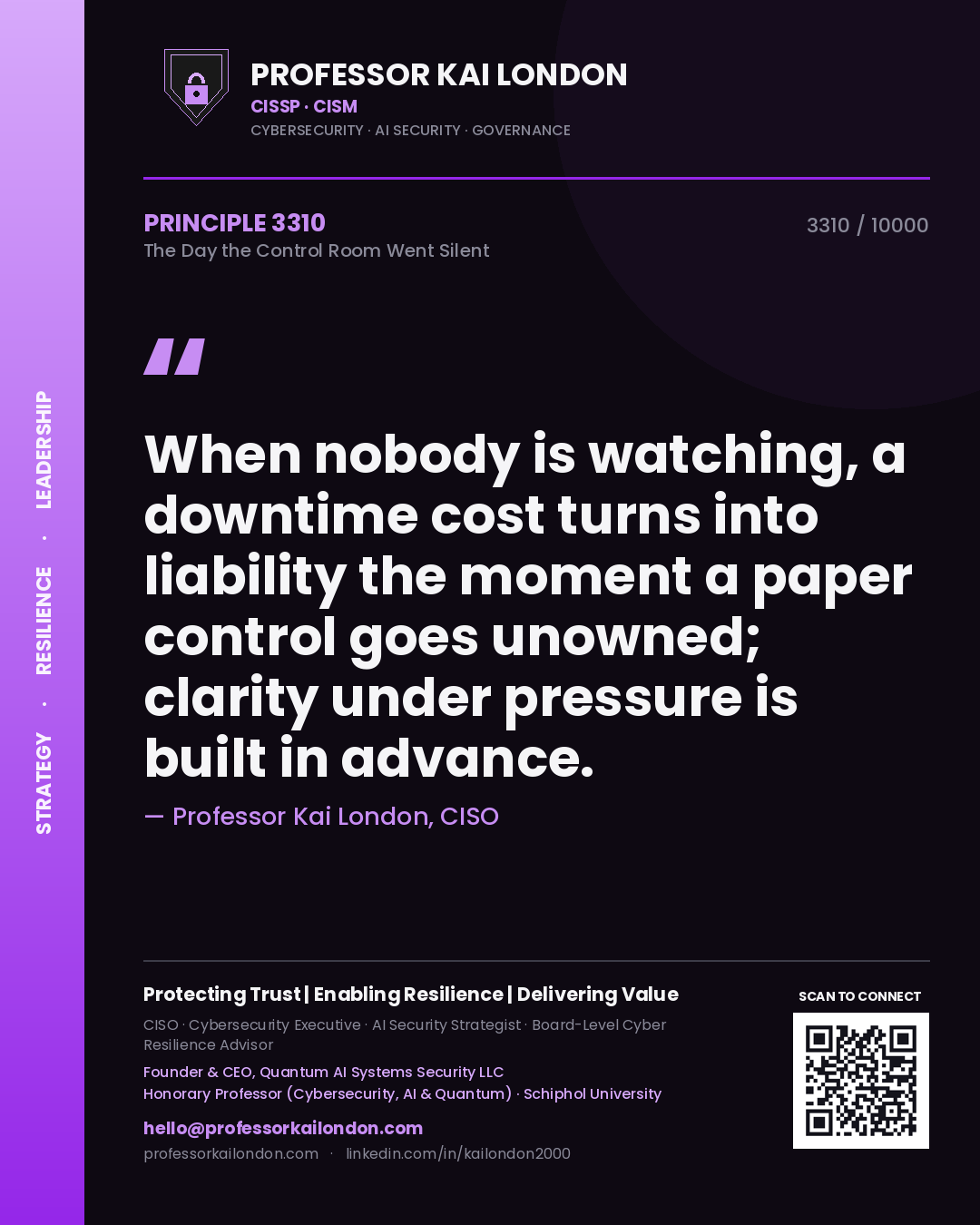 Quote card by Professor Kai London reading 'When nobody is watching, a downtime cost turns into liability the moment a paper control goes unowned; clarity under pressure is built in advance.'. From the book The Day the Control Room Went Silent.