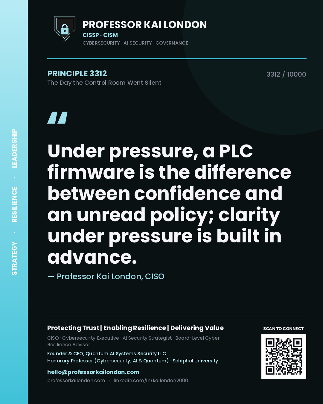 Quote card by Professor Kai London reading 'Under pressure, a PLC firmware is the difference between confidence and an unread policy; clarity under pressure is built in advance.'. From the book The Day the Control Room Went Silent.