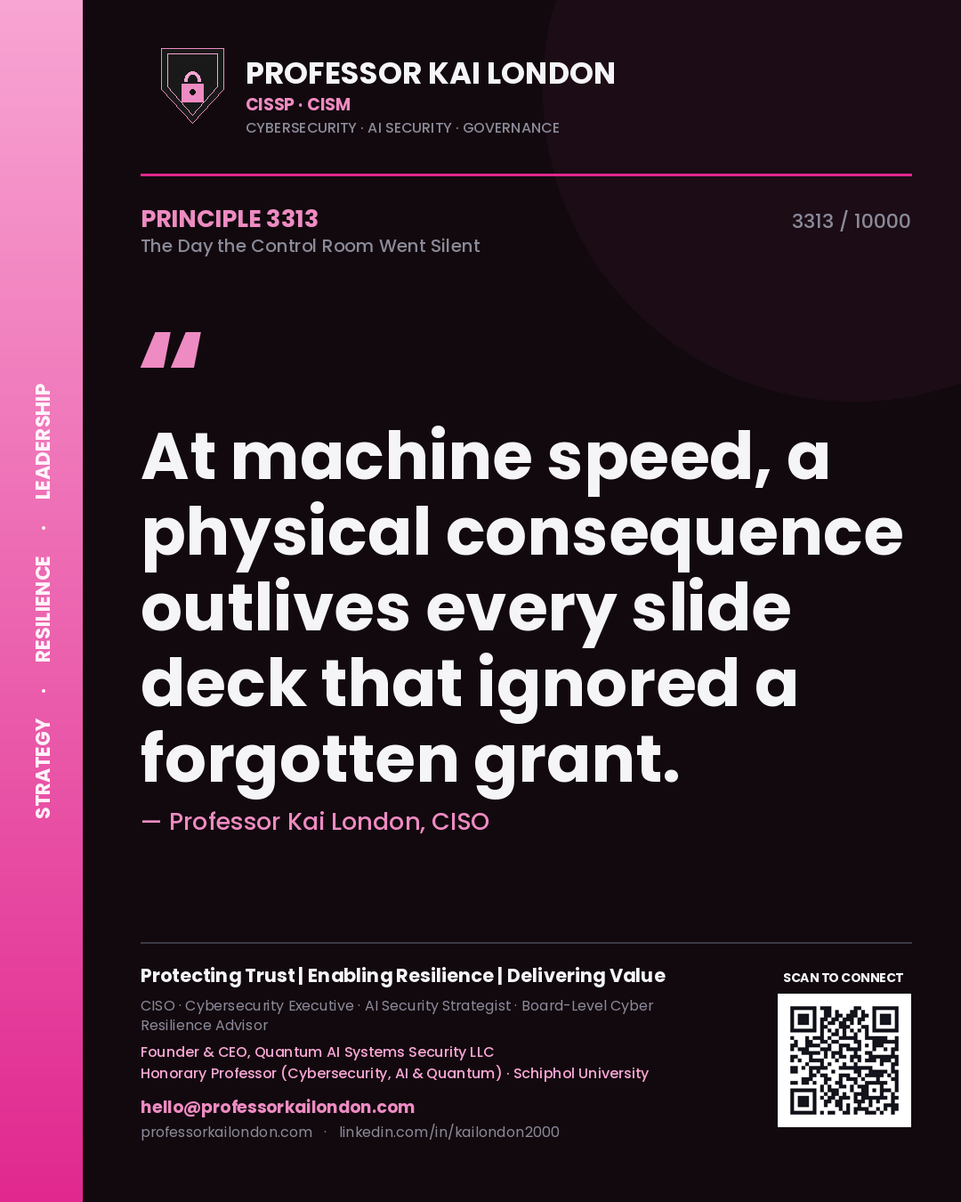 Quote card by Professor Kai London reading 'At machine speed, a physical consequence outlives every slide deck that ignored a forgotten grant.'. From the book The Day the Control Room Went Silent.