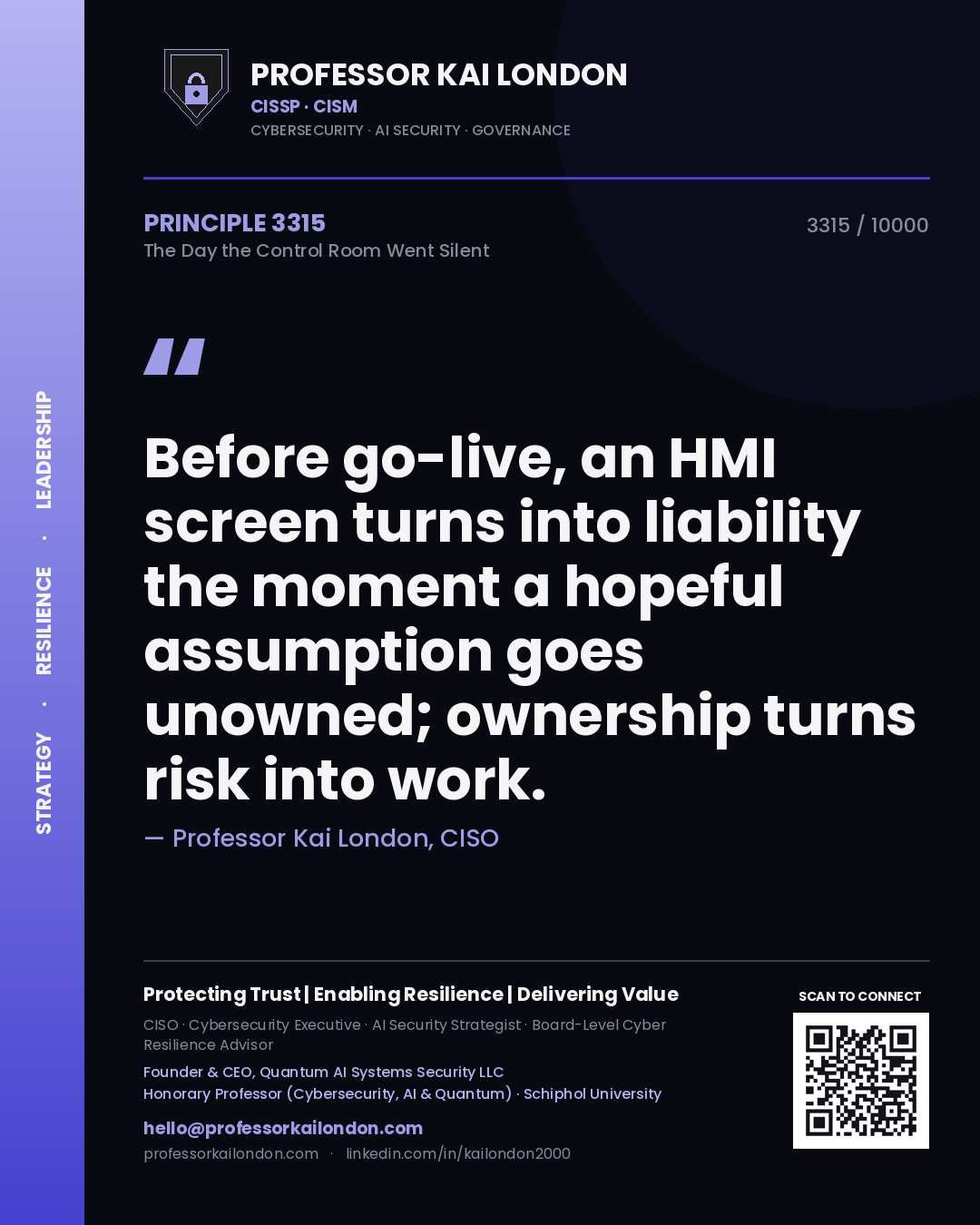 Quote card by Professor Kai London reading 'Before go-live, an HMI screen turns into liability the moment a hopeful assumption goes unowned; ownership turns risk into work.'. From the book The Day the Control Room Went Silent.