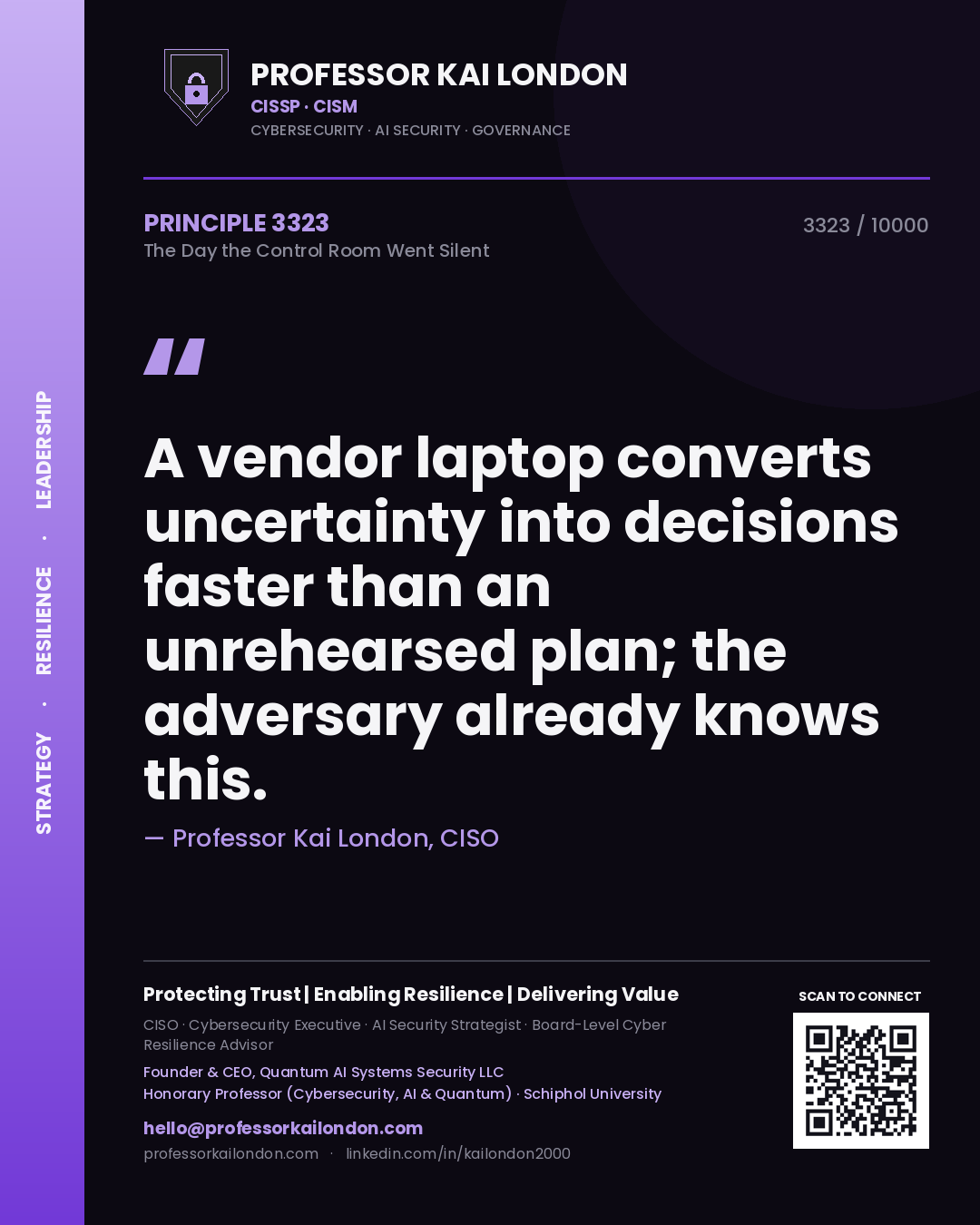 Quote card by Professor Kai London reading 'A vendor laptop converts uncertainty into decisions faster than an unrehearsed plan; the adversary already knows this.'. From the book The Day the Control Room Went Silent.