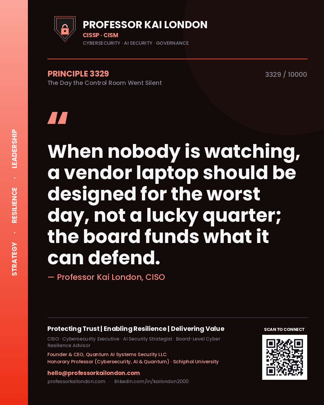 Quote card by Professor Kai London reading 'When nobody is watching, a vendor laptop should be designed for the worst day, not a lucky quarter; the board funds what it can defend.'. From the book The Day the Control Room Went Silent.