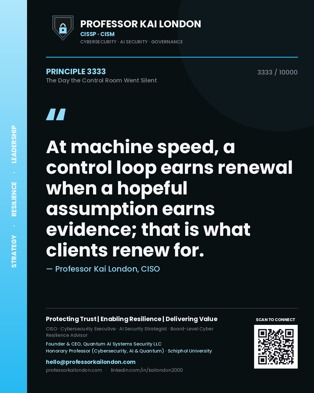 Quote card by Professor Kai London reading 'At machine speed, a control loop earns renewal when a hopeful assumption earns evidence; that is what clients renew for.'. From the book The Day the Control Room Went Silent.