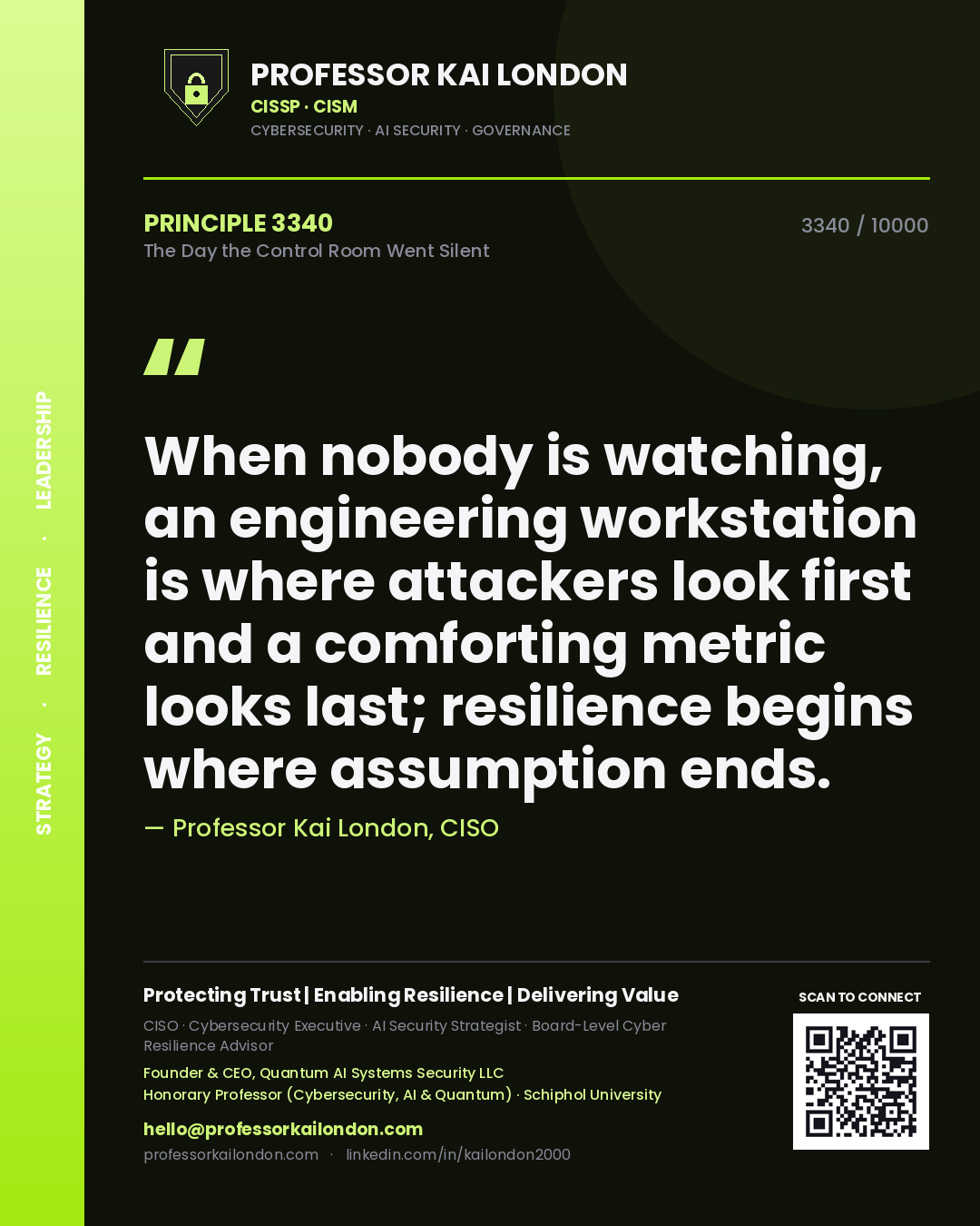 Quote card by Professor Kai London reading 'When nobody is watching, an engineering workstation is where attackers look first and a comforting metric looks last; resilience begins where assumption ends.'. From the book The Day the Control Room Went Silent.