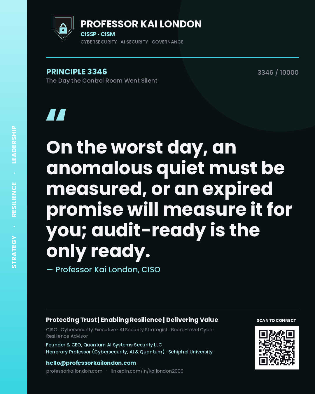 Quote card by Professor Kai London reading 'On the worst day, an anomalous quiet must be measured, or an expired promise will measure it for you; audit-ready is the only ready.'. From the book The Day the Control Room Went Silent.