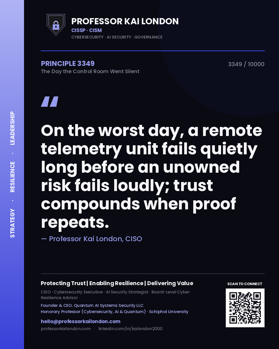 Quote card by Professor Kai London reading 'On the worst day, a remote telemetry unit fails quietly long before an unowned risk fails loudly; trust compounds when proof repeats.'. From the book The Day the Control Room Went Silent.
